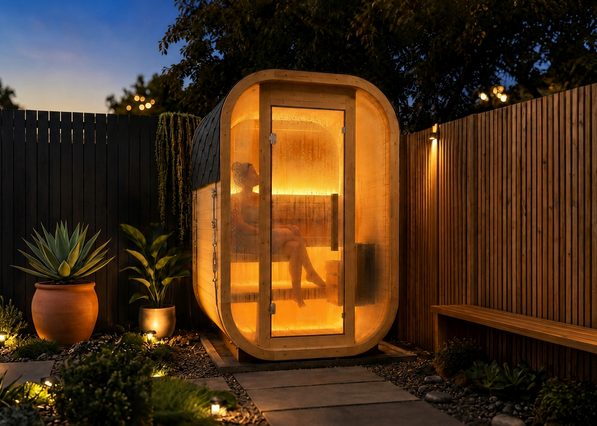 A modern outdoor sauna cabin with a rounded rectangular shape, featuring a warm glowing glass door and interior. It is situated in a landscaped backyard at dusk, flanked by a dark wooden fence on the left and a light wood slat wall on the right, with a wooden bench and potted plants nearby.