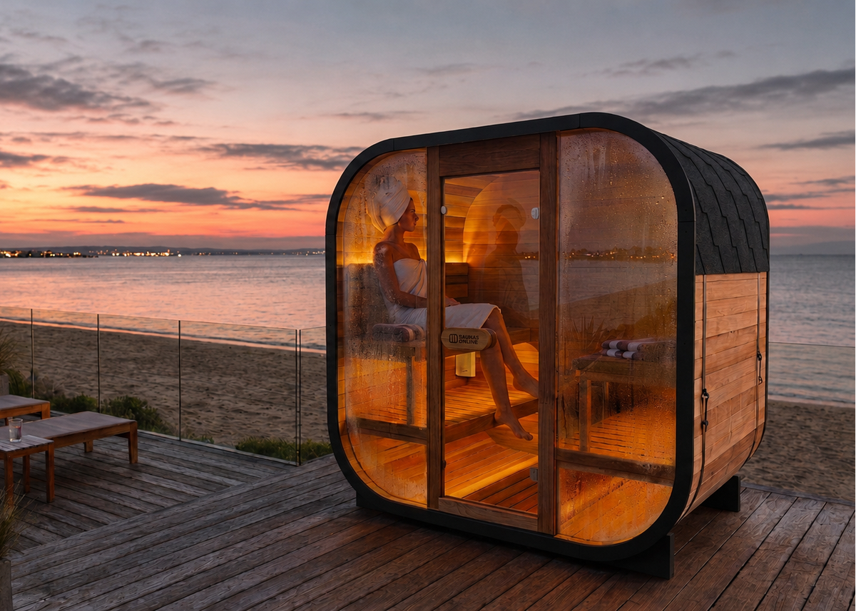 A modern glass capsule sauna with warm interior lighting sits on a wooden deck beside a beach at sunset, with a person seated inside and ocean and sky visible in the background.