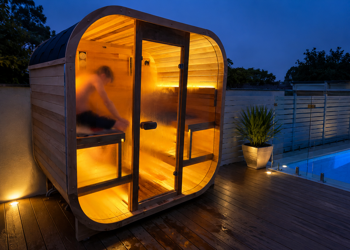 A modern wooden outdoor sauna with a curved front and glass doors, illuminated from within with warm yellow light, set on a wooden deck next to a lit swimming pool at dusk.
