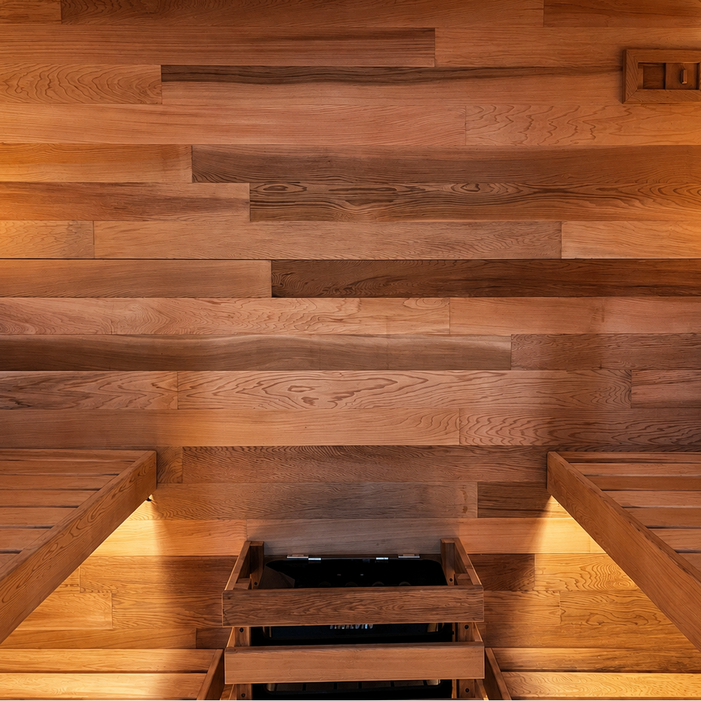 A wooden sauna interior with tiered seating on both sides, a wood-paneled wall, and a heating unit visible at the bottom center, illuminated by warm ambient lighting.