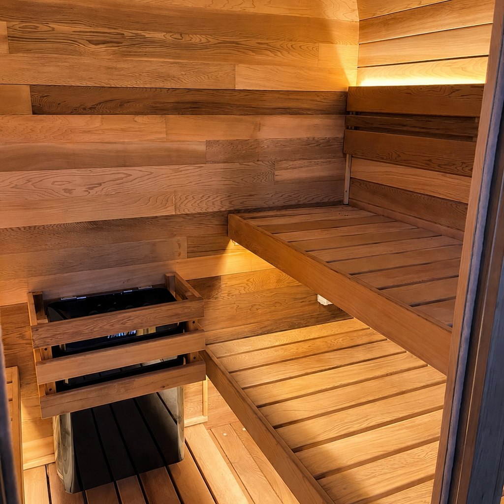 A warm wooden sauna interior with tiered wooden benches, wood-paneled walls, ambient warm lighting, and a small black tray or basket mounted on the lower left wall.