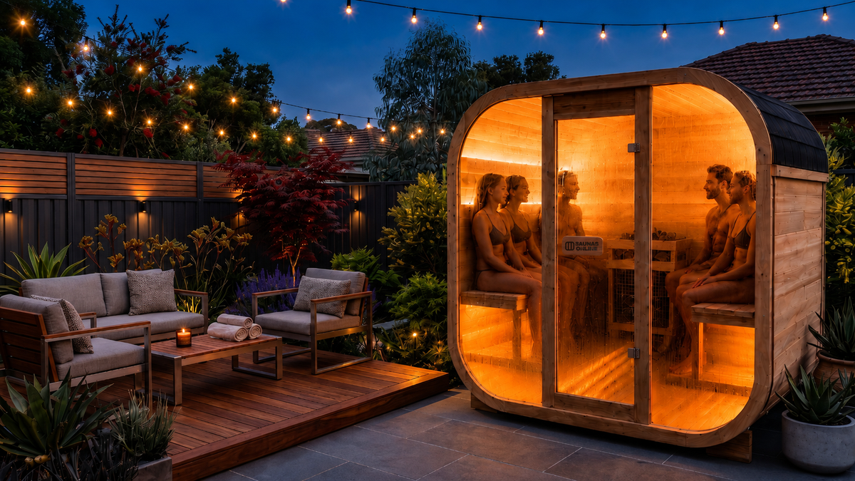 Cube outdoor sauna in an Australian backyard