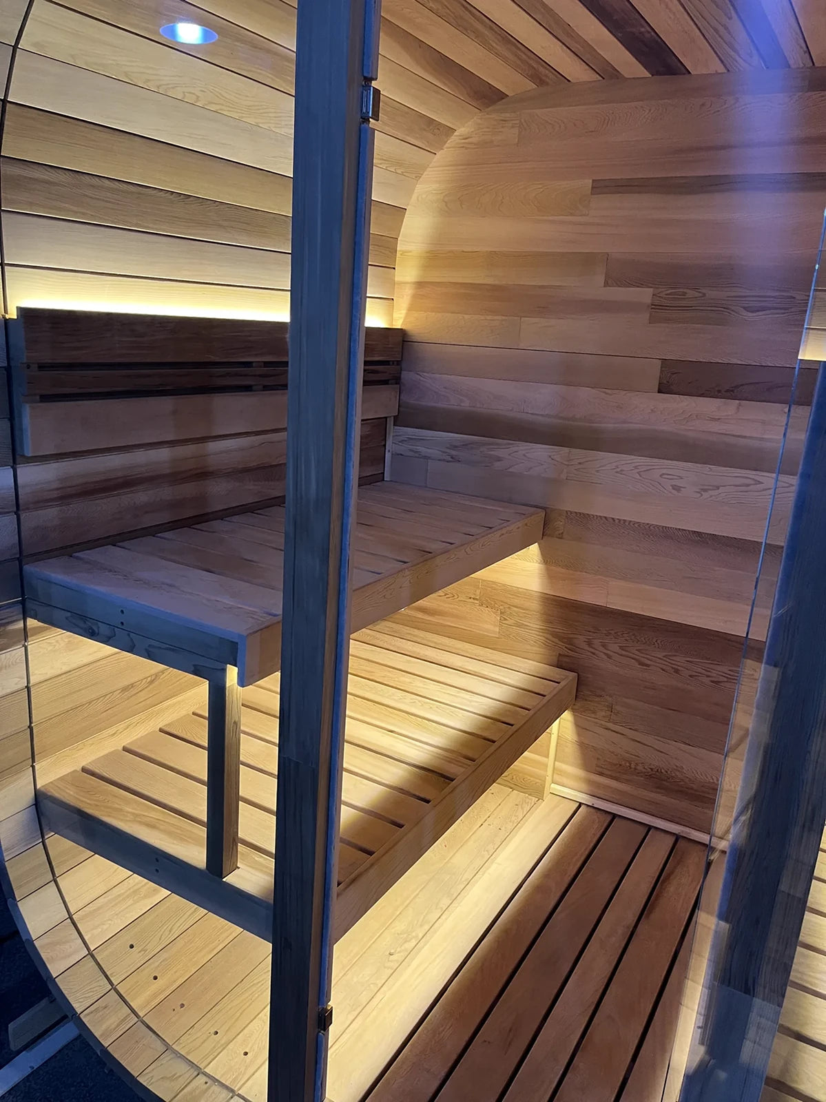 Deep elevated sauna seating